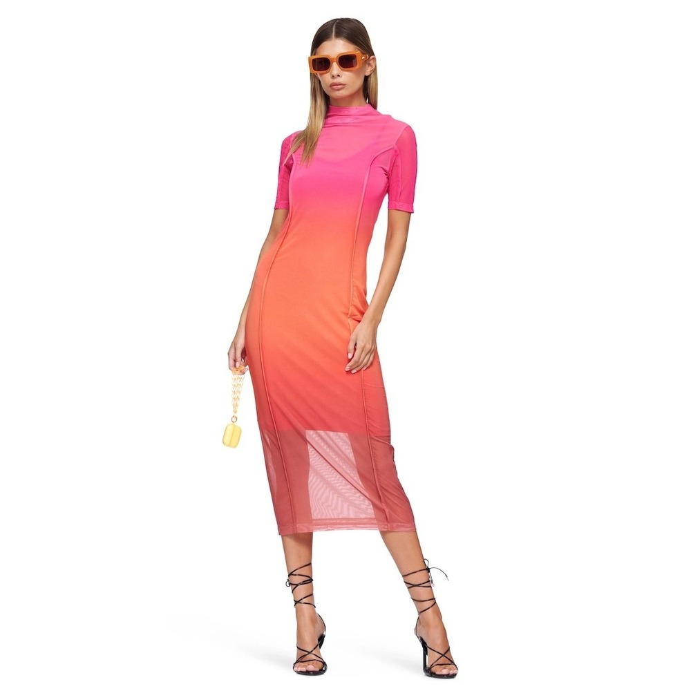 Saemdi Short Sleeve Mesh Midi Dress Pink Orange Ombre Mock Neck Size Medium